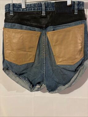 One X Oneteaspoon Dusty Hawks high-Rise Blue Denim Shorts Tan Leather Pockets
